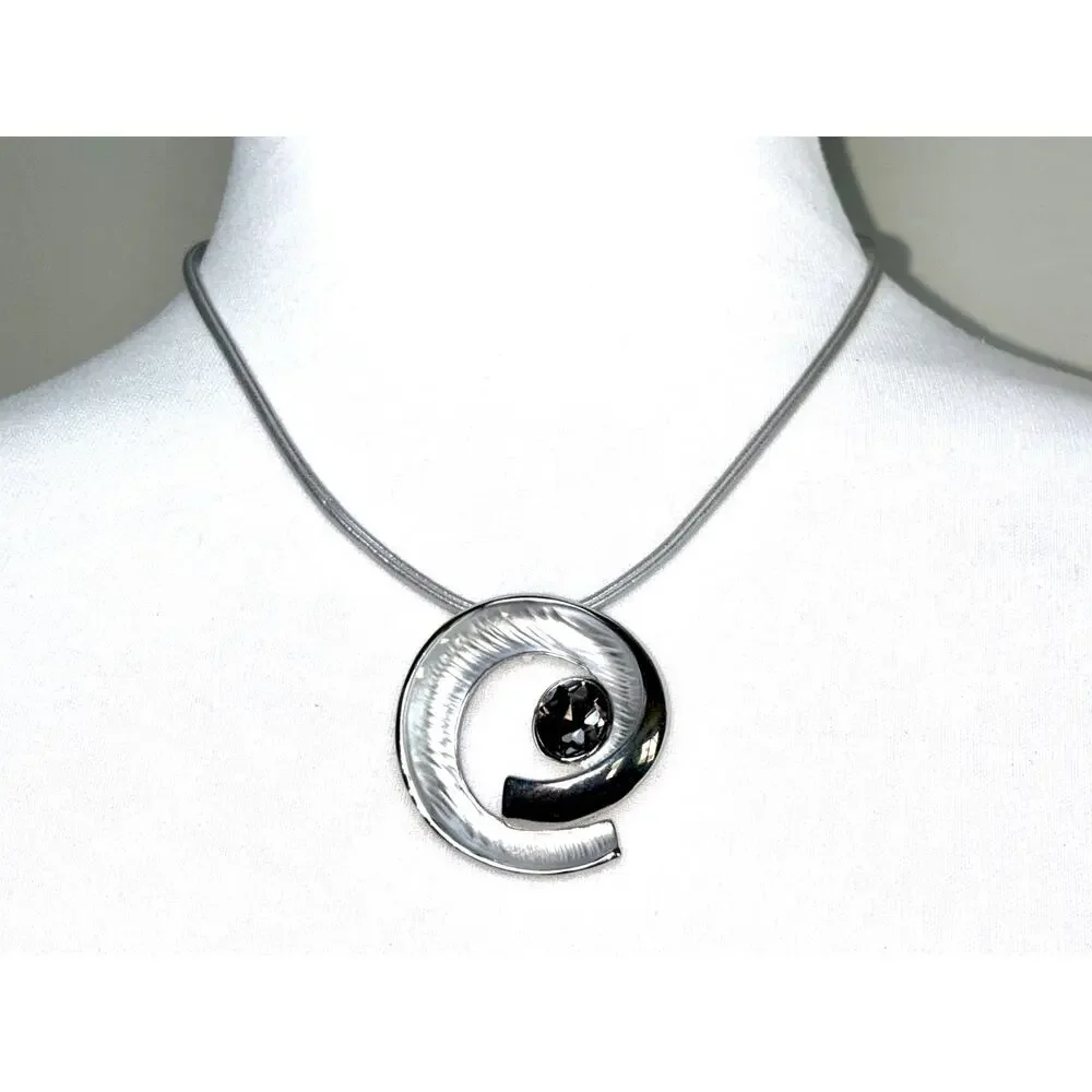 Silver Tone Textured Spiral Pendant Smoky Crystal Statement Necklace EUC